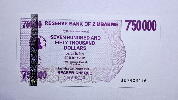 Cédula do Zimbabwe - 750.000 Dollars - 2007 - Bearer Cheque - P52 - FE