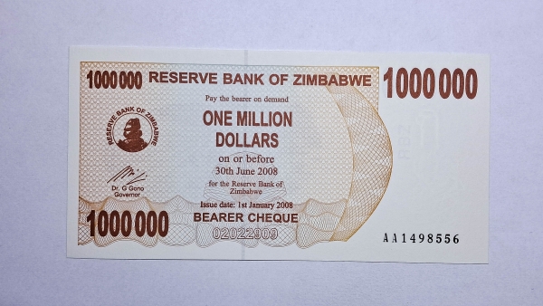 Cédula do Zimbabwe - 1.000.000 Dollars - 2008 - Bearer Cheque - P53 - FE