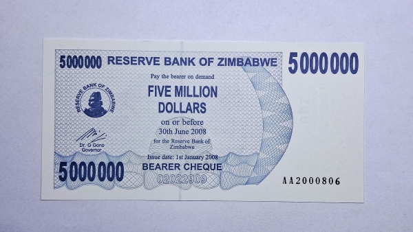 Cédula do Zimbabwe - 5.000.000 Dollars - 2008 - Bearer Cheque - P54 - FE