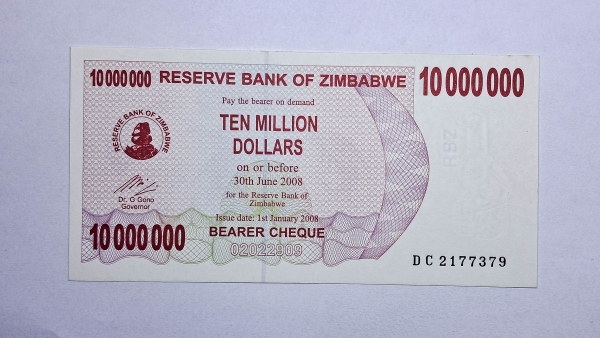 Cédula do Zimbabwe - 10.000.000 Dollars - 2008 - Bearer Cheque - P55 - FE