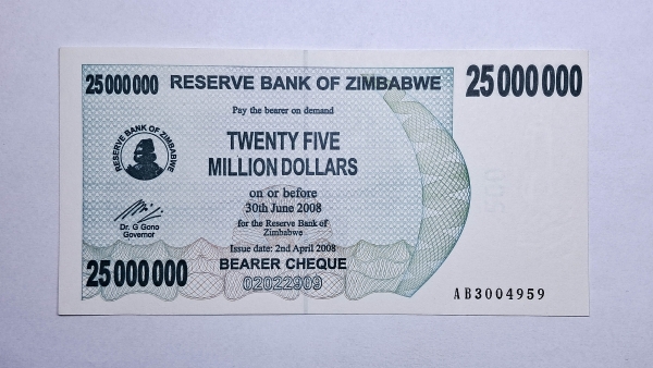 Cédula do Zimbabwe - 25.000.000 Dollars - 2008 - Bearer Cheque - P56 - FE