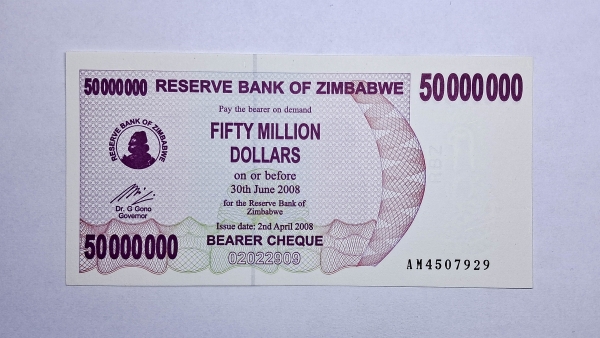 Cédula do Zimbabwe - 50.000.000 Dollars - 2008 - Bearer Cheque - P57 - FE