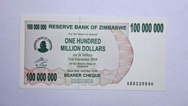 Cédula do Zimbabwe - 100.000.000 Dollars - 2008 - Bearer Cheque - P58 - FE
