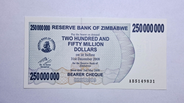 Cédula do Zimbabwe - 250.000.000 Dollars - 2008 - Bearer Cheque - P59 - FE