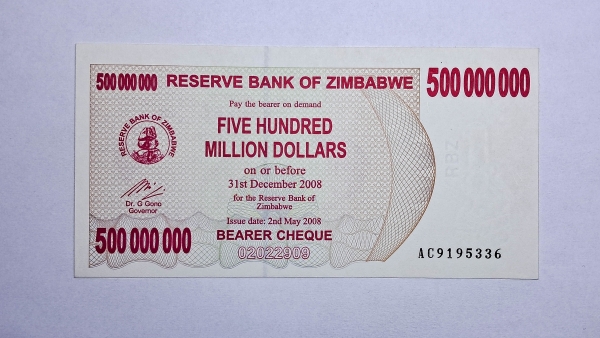 Cédula do Zimbabwe - 500.000.000 Dollars - 2008 - Bearer Cheque - P60 - FE