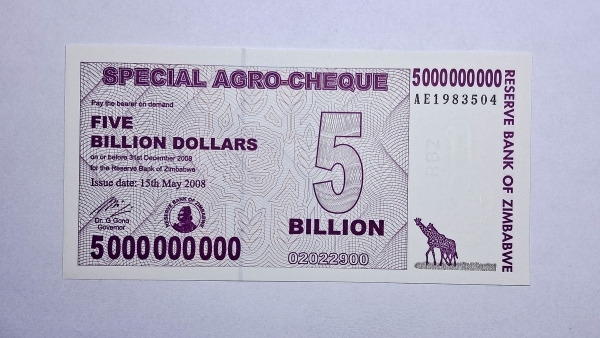Cédula do Zimbabwe - 5 Billion Dollars - 2008 - Special Agro Cheque - P61 - FE