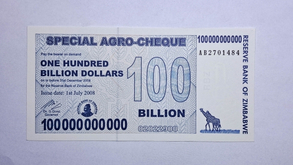 Cédula do Zimbabwe - 100 Billion Dollars - 2008 - Special Agro Cheque - P64 - FE
