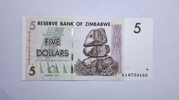 Cédula do Zimbabwe - 5 Dollars - 2007 (2008) - P66 - FE