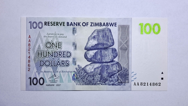 Cédula do Zimbabwe - 100 Dollars - 2007 (2008) - P69 - FE