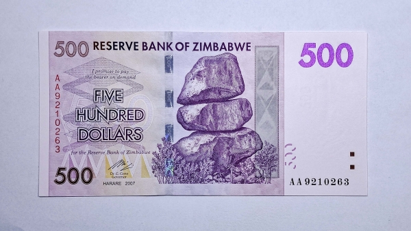Cédula do Zimbabwe - 500 Dollars - 2007 (2008) - P70 - FE