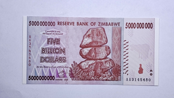 Cédula do Zimbabwe - 5 Billion Dollars - 2008 - P84 - FE