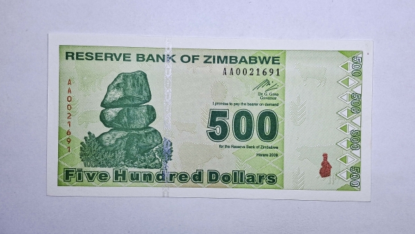 Cédula do Zimbabwe - 500 Dollars - 2009 - P98 - FE