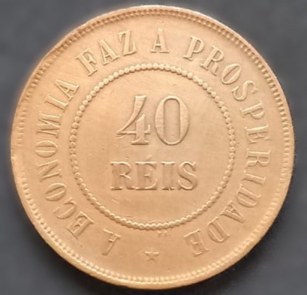 Moeda do Brasil. 40 réis 1908. Bronze. MBC. Amato B826 marca 40. moeda muito conservada, com pátina escura.