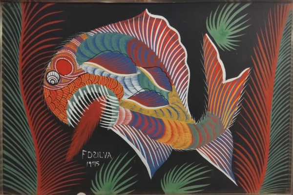FRANCISCO DOMINGOS DA SILVA Peixe O.s.t. Datado de 1975. Assinado. Mede 65 x 45 cm de alt com moldura 84 x 64 cm de alt