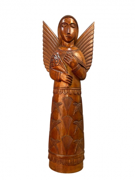 Mestre Expedito. "Anjo". Escultura talhada em madeira. Mede 25 cm de diâmetro e 115 cm de alt de 1991 e assinada