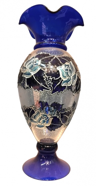 Floreiro de vidro artístico translucido e azul noturno ,decorado com flores e folhas ,borda ondeada .Mede: 19 cm de diâmetro x 46 cm de alt