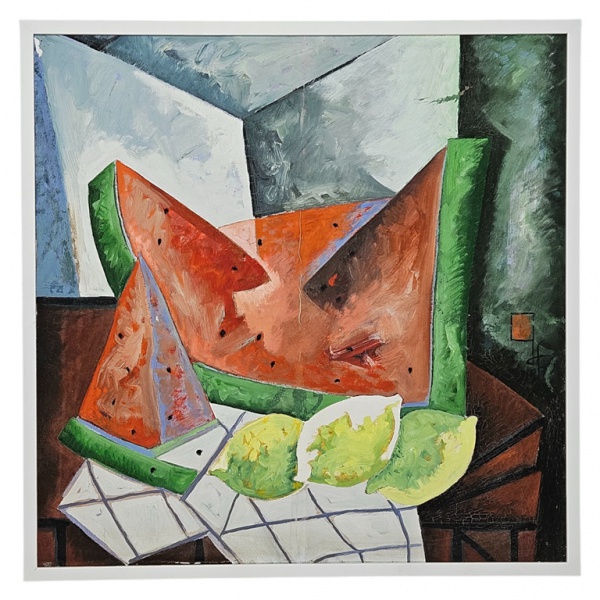 JESUS FUERTES. Melancia com limões - o.s.t. - 58 x 58 cm. Ass. e dat. 87. Acompanha certificado do próprio artista. (Esse lote encontra-se em São Paulo, o frete é por conta do arrematante).