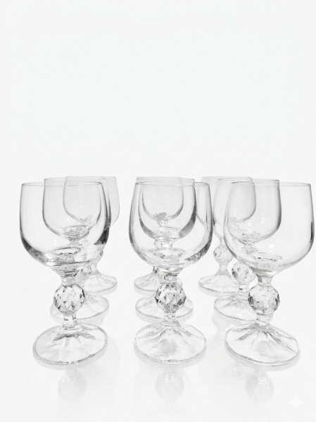 Conjunto de 9 taças para vinho branco de cristal translucido ., pés lapidado . Mede 6 cmm de diâmetro x 13 cm de alt