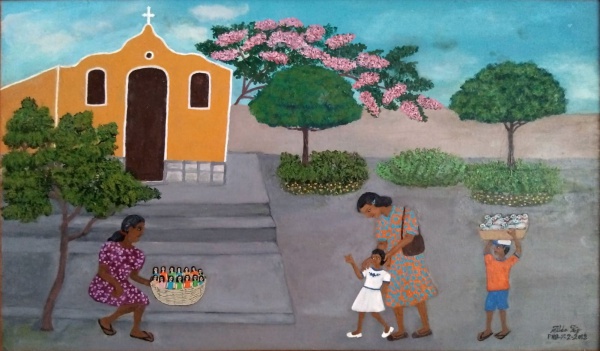 ZILDA VAZ "Mulher vendendo bonecas" O.s.Eucatex. Assinado e datado de 2012 no cid. Mede: 85 x 50 cm de alt