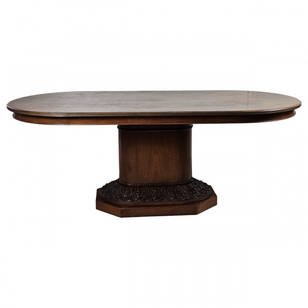 Elegante mesa oval Art-Dêco, para jantar, de madeira nobre, base com moldura de bronze decorada com motivos vegetalistas. França, primeira metade do séc. XX. 210 x 100 x 77 cm altura. (Esse lote encon
