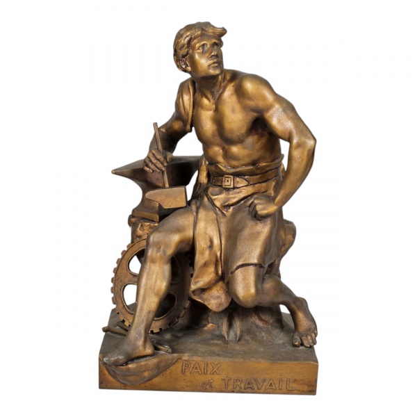 Escultura de bronze assinada por Louis-Robert Picault, intitulada "PAIX et TRAVAIL" (Paz e Trabalho), datada do final do século XIX. A obra retrata um trabalhador em uma pose contemplativa, com ferram