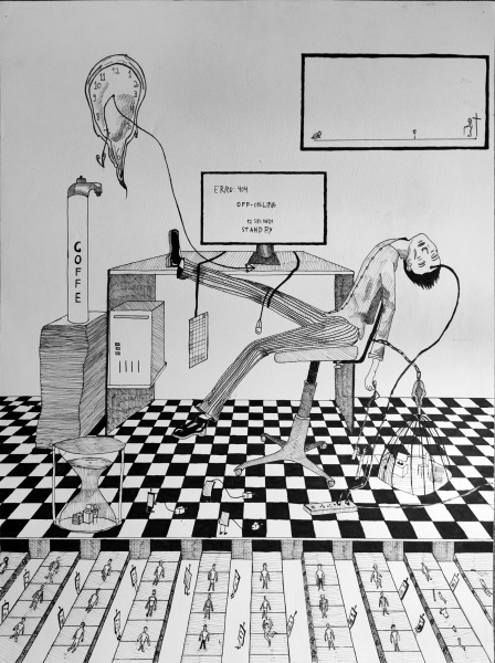 ARAJIVE "Sociedade do cansaço" Nanquim sobre papel (Hachura). Assinado no cid. Mede 50 x 65 cm, com moldura 55 x 70 cm. Acompanha certificado