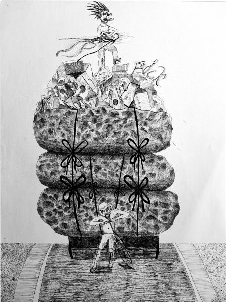 Arajive " O catador de recicláveis". Nanquim sobre papel (Hachura). Assinado no c.i.d. Mede: 65 cm x 50 cm. Acompanha moldura e certificado de autenticidade.