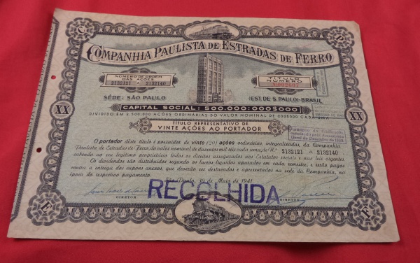 Arte . Antigo certificado de ações nominativas da Companhia Pa foto 1