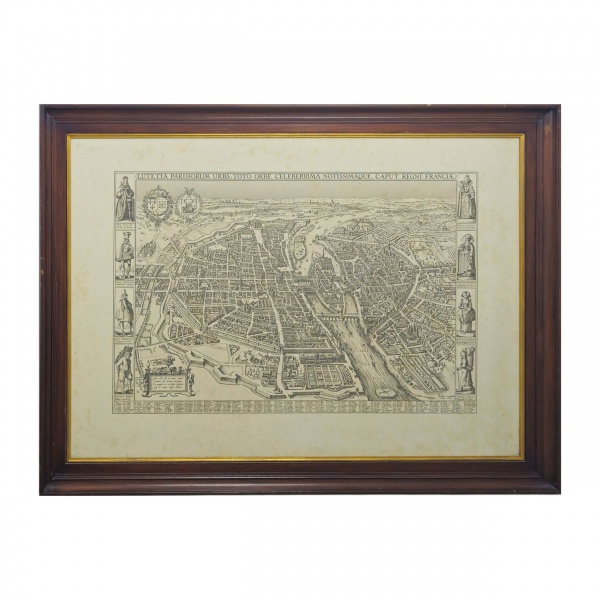 Gravura francesa em relevo, retratando Paris em 1618. 90 x 120 cm.