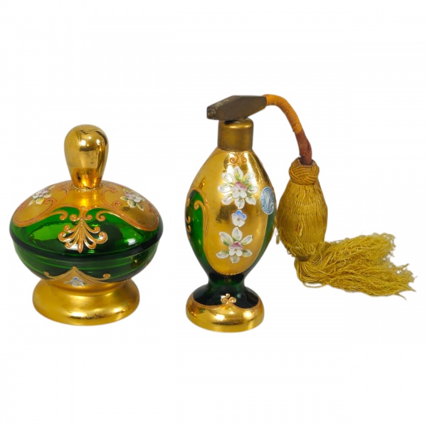 Conjunto de 2 peças vintage para lavado, de cristal veneziano verde e dourado. 16 cm altura a maior.