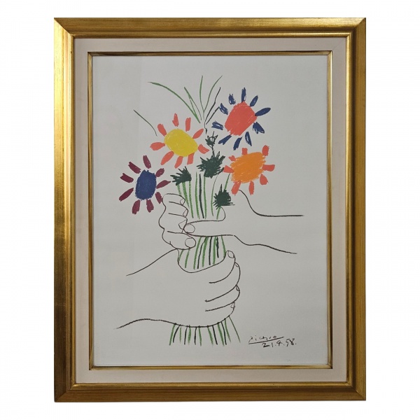 Pablo Picasso. Mãoe e flores - gravura - 64 x 48 cm - assinada e datada no c.i.d., 21.4.58.