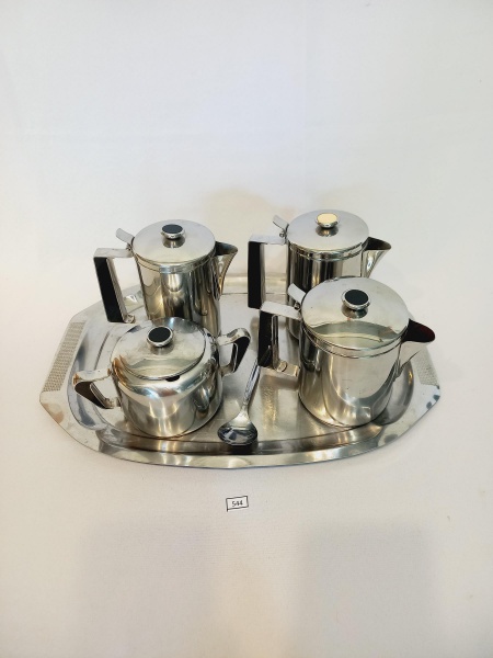 Joias . 544-BAIXELA EM AÇO INOX WOLFF, COMPOSTO POR 1 LEITEIRA, 1 BULE DE CHÁ, 1 BULE ...