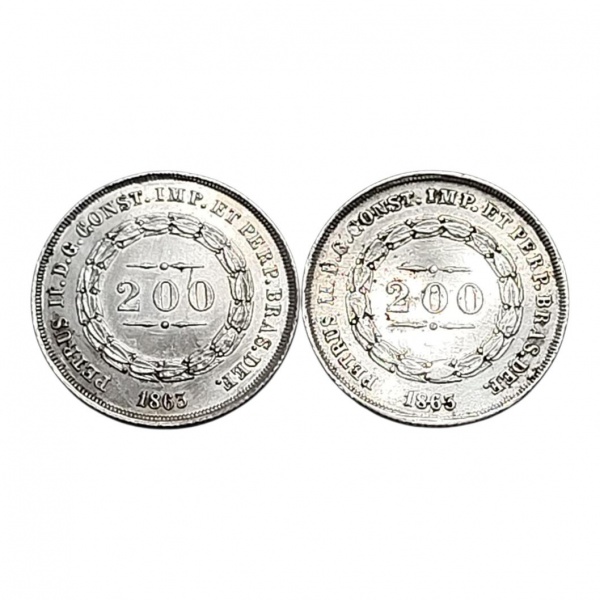 Moeda do Brasil - Lote com 2 moedas - 200 Réis - 1863 - Prata