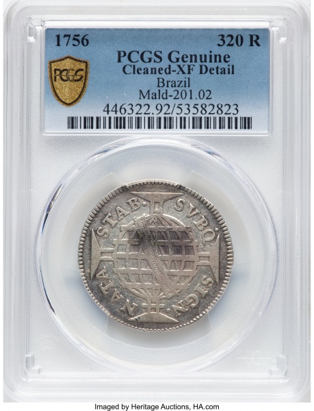 Moeda do Brasil: Brasil Colônia 320 Réis 1756 Lupércio Var. 2A (Comum) Amato P166 - Graduação PCGS Cleaned XF Detail . Soberba, siglas S ou Sob (em inglês Extremely Fine, siglas XF ou EF ) Deve aprese