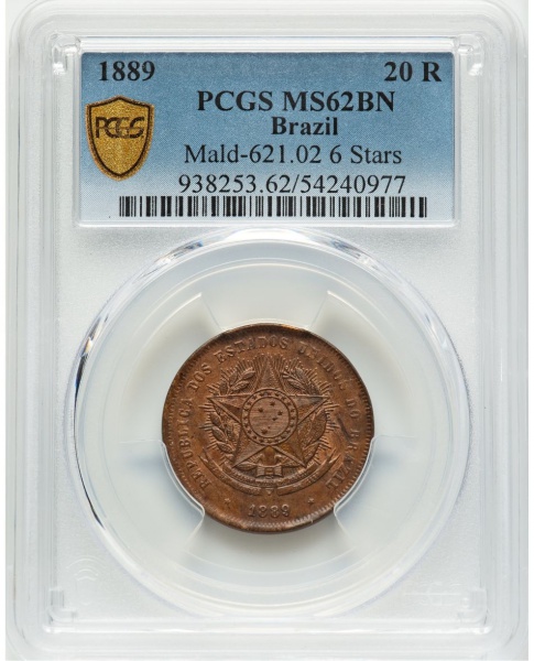 Moeda de Brasil - 20 Réis - 1889 - Bronze - República - Cat. AI B798- GRADUADA PELA PCGS MS62BN-Flor de Cunho. TOP POP Maior graduação desta moeda na PCGS!!!BN refere-se a uma moeda de cobre, bronze o