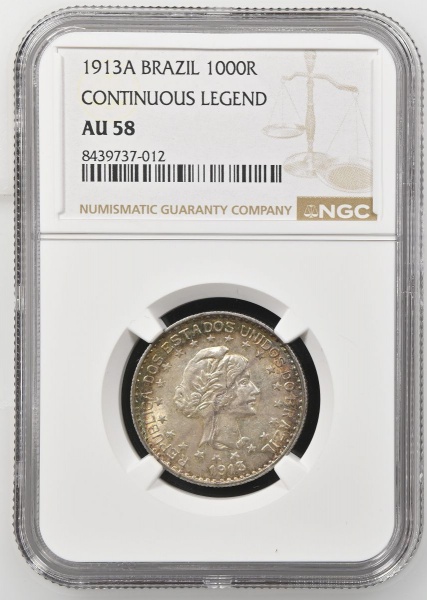 Moeda do Brasil: 1000 Réis 1913 Estrelas Soltas - P707 - Prata - Graduação NGC AU 58 - Flor de Cunho. AU 58 (About Uncirculated 58): A moeda está "quase sem circular". Apresenta apenas um desgaste mín