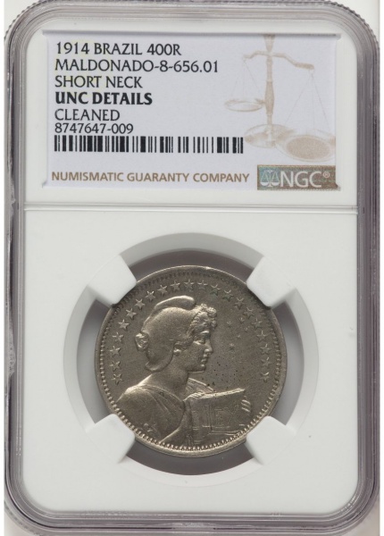 MOEDA DE PRATA ENSAIO DE 400 RÉIS 1914 NÍQUEL PESCOÇO CURTO - E192.Graduada pela NGC UNC DETAILS CLEANED."AU Details - Cleaned" significa que a moeda foi classificada pela NGC (Numismatic Guaranty Com