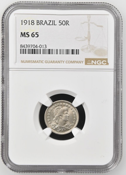 Moeda do Brasil: 50 Réis 1918 - Al V063 - Graduação NGC MS 65 - Flor de Cunho Excepcional Apenas 558000 cunhadas. Significa que a moeda foi autenticada e classificada pela NGC como MS65 (Flor de Cunho
