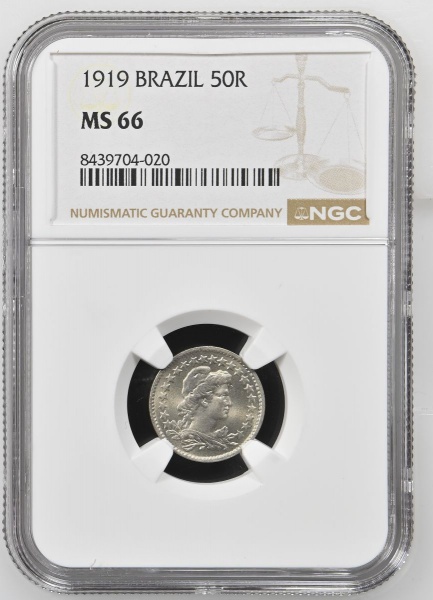 Moeda do Brasil: 50 Réis 1919 - Al V064 - Niquel - Graduação NGC MS 66 TOP POP MAIOR GRADUAÇÃO DESTA MOEDA NA NGC - Flor de Cunho EXCEPCIONAL Significa que a moeda foi autenticada e classificada pela