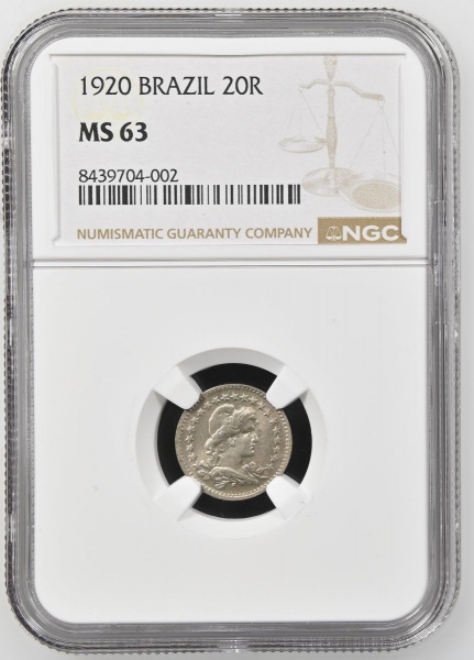 Moeda do Brasil: 20 Réis 1920 - Al V059 - Níquel - Graduação NGC MS 63 - - Flor de Cunho - excepcional. Apenas 825000 moedas cunhadas.