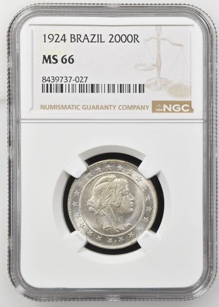 Moeda do Brasil: 2000 Réis 1924 - P710 - Prata- Série Mocinha - Graduação NGC MS 66 - Flor de Cunho EXCEPCIONAL. NGC MS66 significa que a moeda foi certificada pela Numismatic Guaranty Company no esta