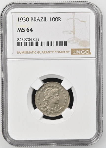 MOEDA DO BRASIL 100 RÉIS 1930 CUPRO-NÍQUEL - V084- Graduada pela NGC MS64 FLOR DE CUNHO.MS: A sigla vem de Mint State, que significa que a moeda nunca circulou no comércio. No Brasil, equivale à categ