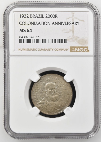 Moeda do Brasil: 2000 Réis 1932 - SÉRIE VICENTINA- P719 - Prata - Graduação NGC MS 64 - Flor de Cunho Excepcional - Alta graduação na NGC