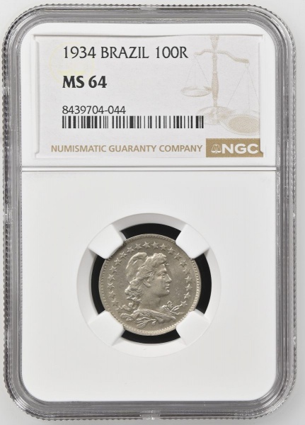Moeda do Brasil: 100 Réis 1934 - Al V088 - Niquel - Graduação NGC MS 64 - Flor de Cunho Excepcional.MS: A sigla vem de Mint State, que significa que a moeda nunca circulou no comércio. No Brasil, equi