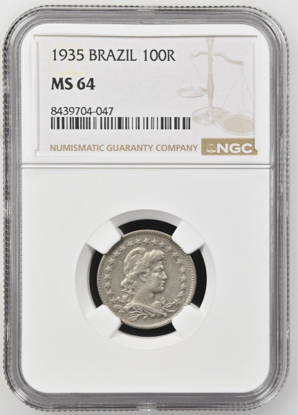 Moeda do Brasil - 100 Réis - 1935 - Graduada pela NGC MS65 - Cupro-Níquel - República - Flor de Cunho Excepcional- Cat. AI. V089.MS: A sigla vem de Mint State, que significa que a moeda nunca circulou