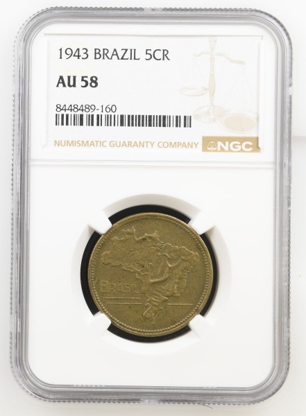 Moeda do Brasil - 5 Cruzeiros - 1943 - ( somente 222000 Cunhadas) Bronze-Alumínio - Cat. AI V252 GRADUADA NGC AU 68. AU 58 (About Uncirculated 58): A moeda está "quase sem circular". Apresenta apenas