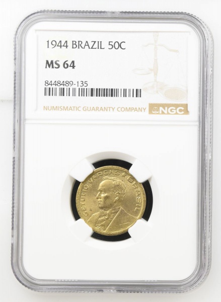 MOEDA DO BRASIL - 50 CENTAVOS 1944 SEM SIGLA - V193B GRADUADA PELA NGC MS64-FLOR DE CUNHO