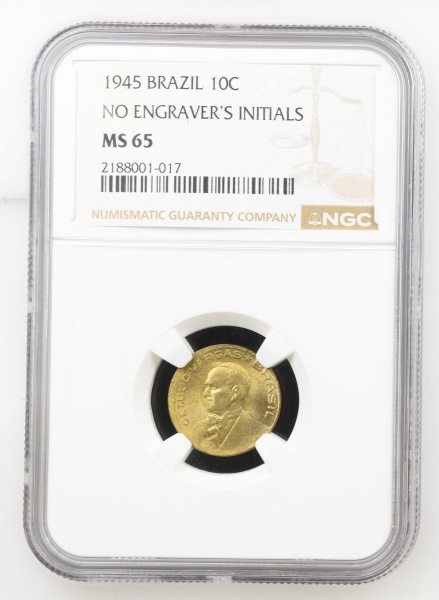 MOEDA - BRASIL - V181-GETÚLIO VARGAS - 10 CENTAVOS 1945 - SEM SIGLA -GRADUADA NGC MS65- TOP POP -MAIOR GRADUAÇÃO DESSA MOEDA NA NGC