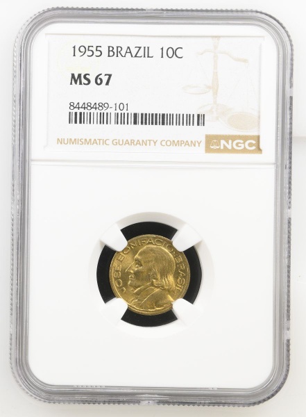 Moeda do Brasil: 10 Centavos 1955 - Al V205 - Bronze - Graduação NGC MS 67 - Flor de Cunho Excepcional - TOP POP. Mais Alta graduação na NGC para esta moeda.