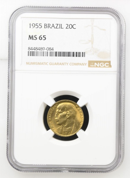 MOEDA DO BRASIL - CRUZEIRO - 20 CENTAVOS 1955 - V213 - RUI BARBOSA.GRADUADA PELA NGC MS66.FLOR DE CUNHO EXCEPCIONAL
